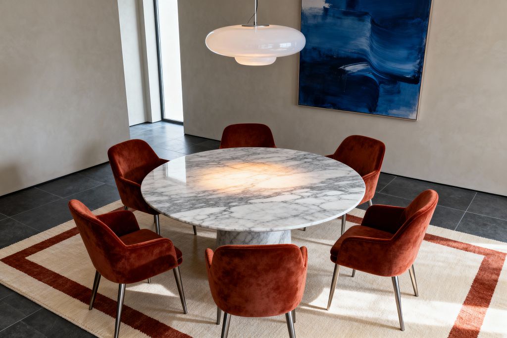 A contemporary dining room with a round gray‑veined marble table on a cream rug bordered in terracotta. Six rust velvet chairs with slender metal legs surround the table beneath a white opal-glass saucer pendant; charcoal large-format tile floors, taupe plaster walls, a tall narrow window, and a bold blue abstract artwork complete the clean, modern scene with warm accents and soft, diffused light.