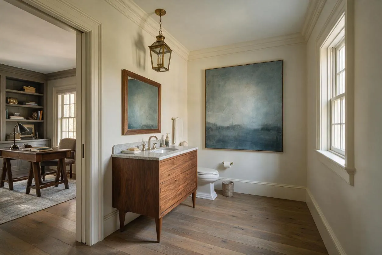 A bright transitional powder room with a walnut vanity, pale stone countertop, and brass fixtures beneath a wood-framed mirror. A large blue abstract painting, lantern pendant, and soft cream walls with natural wood flooring create a calm, elegant space, while windows on the right bring in daylight.