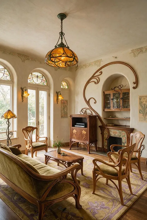 A warm Art Nouveau living room features arched windows with stained-glass transoms, a large amber glass pendant lamp, and sculptural wooden seating with olive velvet cushions. The room includes a carved wood coffee table, an ornate cabinet, a decorative fireplace, and floral wall motifs in soft cream, gold, and green tones.