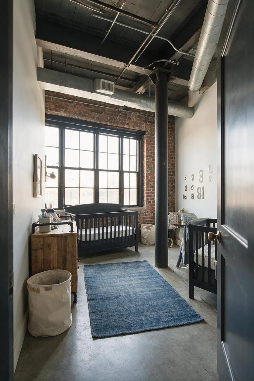 A long, narrow nursery with an industrial loft feel features exposed brick, black ceiling pipes, concrete flooring, and a large factory-style window. Two black cribs, a blue area rug, a rustic wood dresser, and soft neutral storage baskets warm the space.