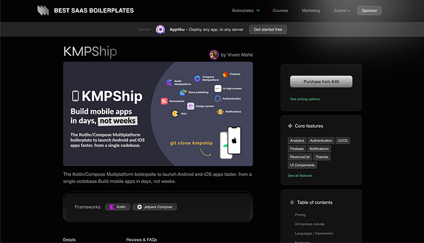 The image features a promotional layout for the KMPSHIP Kotlin/Compose boilerplate for mobile app development.