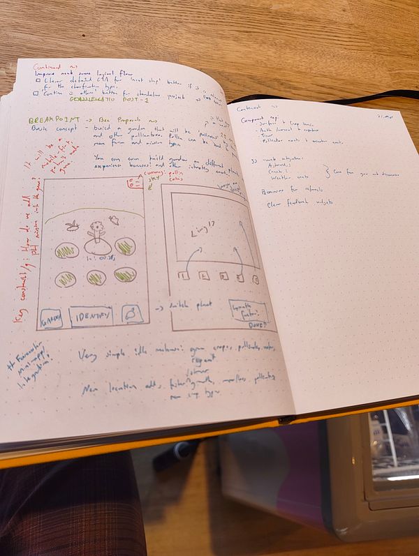 A notebook page featuring sketches and notes for a bumble bee minigame design.
