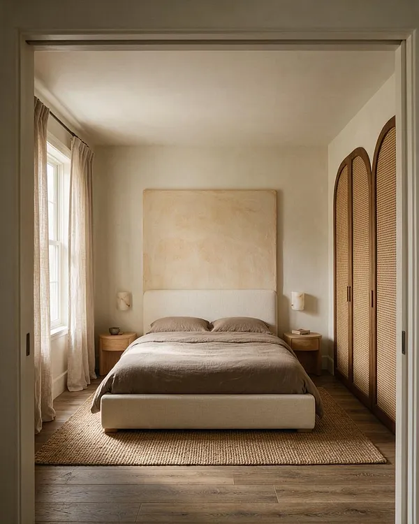 A calm master bedroom in soft neutral tones with a low upholstered bed centered under a tall textured headboard. Light curtains filter daylight from the left window, while arched woven wardrobe doors add warmth and organic detail on the right.