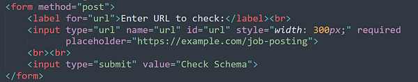 The image displays a snippet of HTML code for a form designed to check a URL.