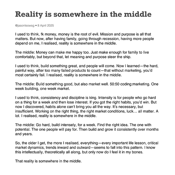 A reflective tweet discussing the balance between money, purpose, and marketing in personal and professional growth.