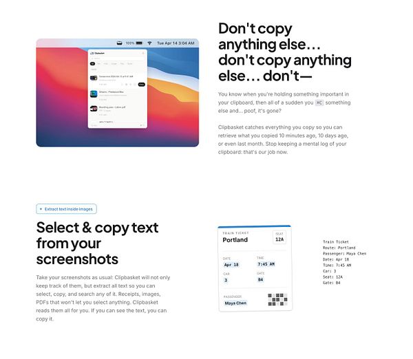 Landing page design for ClipBasket showcasing a photography and videography portfolio with a featured project, client logos, and an about section.