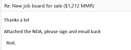 An email correspondence regarding the sale of a job board, including a request for signing an NDA.