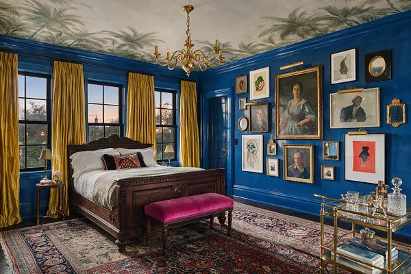 A richly decorated master bedroom with vivid cobalt-blue walls, mustard drapes, and a carved dark wood bed centered on layered vintage rugs. A gold chandelier hangs overhead, while the right wall is filled with an eclectic gallery of framed portraits and art. A velvet magenta bench, brass drinks cart, and detailed ceiling mural complete the dramatic maximalist look.