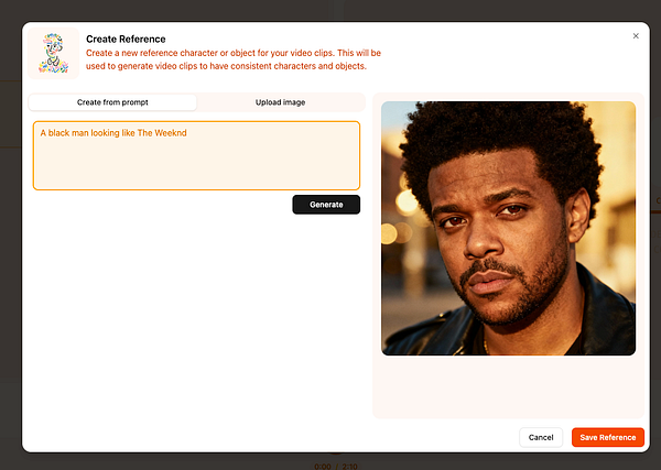 The image displays a user interface for creating a reference character for video clips, featuring a photo of a man and a text input field.