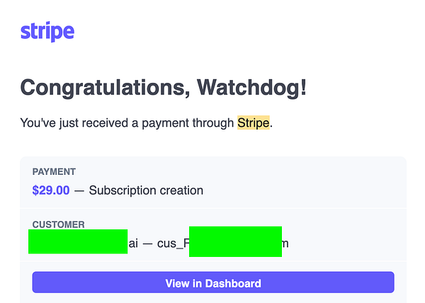 A payment notification from Stripe congratulating the user for receiving a payment.