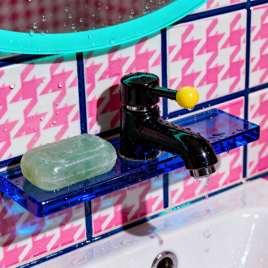 Close-up of a bold bathroom sink area with pink-and-white houndstooth ceramic tiles grouted in cobalt blue. A glossy black faucet with a yellow ball-tipped lever drips over a white ceramic basin. A translucent cobalt acrylic shelf holds a green bar of soap. The lower edge of a round mirror with a turquoise frame is visible above, while water droplets dot the mirror, tiles, and shelf, emphasizing shine and saturated color contrasts.