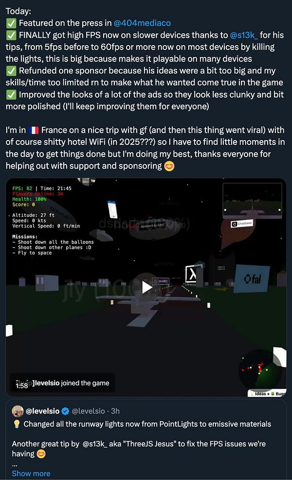 A Twitter post detailing updates on a game development project alongside a gameplay screenshot.