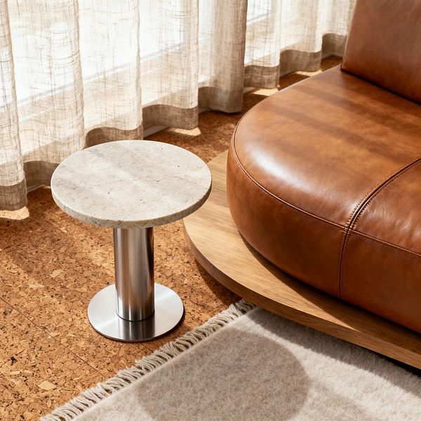 A close-up of a minimalist living room shows a rounded cognac leather sofa resting on a low oak plinth next to a small pedestal side table with a light beige stone top and brushed stainless base. Warm cork floor tiles and a soft, fringed beige rug anchor the scene, while sheer linen curtains filter daylight, casting gentle shadows that highlight the smooth curves, natural textures, and restrained neutral palette.