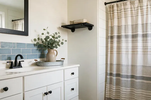 A farmhouse-style master bathroom with a white vanity, black faucet and hardware, and a blue subway tile backsplash beneath a black-framed mirror. A neutral striped shower curtain hangs beside a simple wall shelf, while a pitcher of greenery adds a soft natural touch.