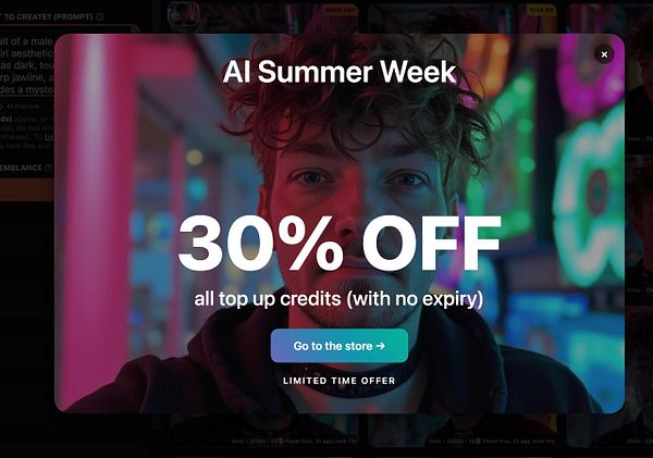 A promotional graphic for an AI service featuring a young man with curly hair against a colorful background.