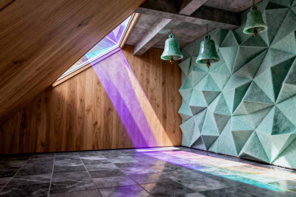 An attic home gym features a steeply angled wood wall, a triangular skylight, and a mint green faceted acoustic wall resembling crystalline folds. Gray marble-look floor tiles catch a violet beam and rainbow streaks from the skylight, while concrete beams support glossy green ceramic bell pendants; the uncluttered space favors floor workouts, with warm oak balancing cool greens and grays for a surreal yet calming atmosphere.