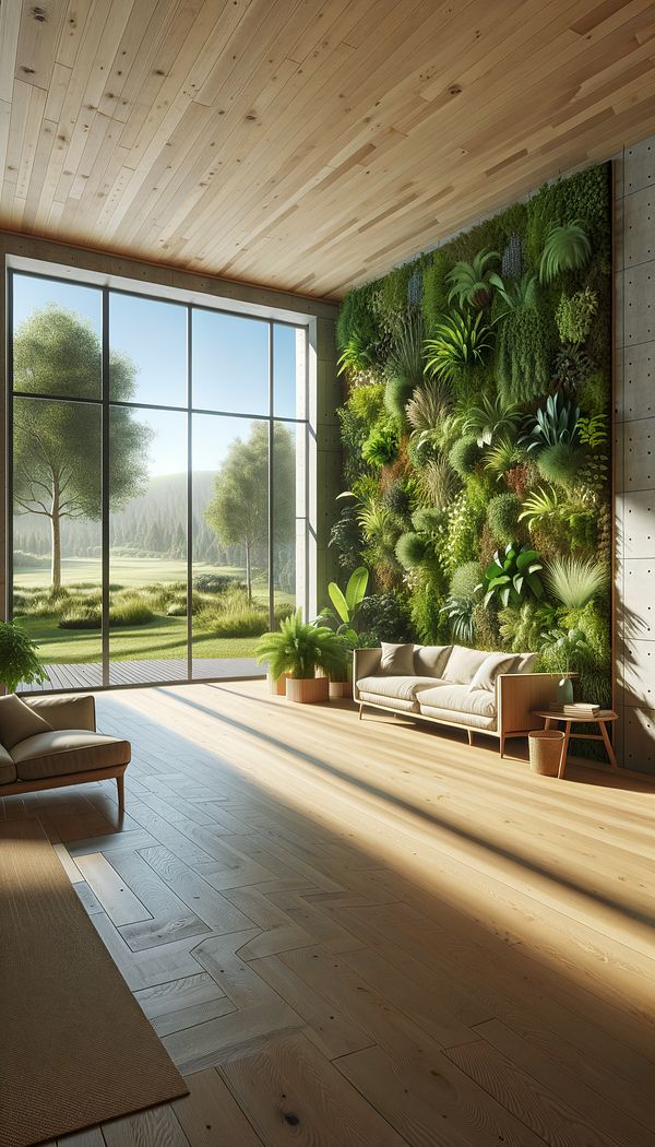 An open, airy room filled with natural light from large windows, featuring a living wall of plants, wooden furniture, and a view of an outdoor landscape.