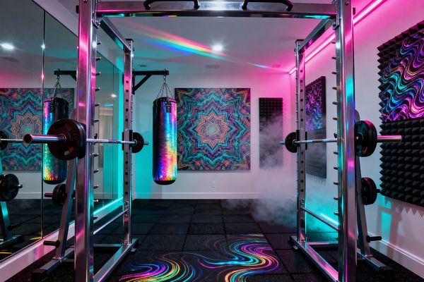 A home gym features a chrome power rack and barbell centered on black rubber tiles, with mirrored walls and white paint. Pink and cyan LED strips wash the room, reflecting on a rainbow tie-dye punching bag. A large mandala canvas hangs ahead, with black acoustic foam panels nearby. Neon swirls appear on the floor, and a light haze drifts along the right wall.