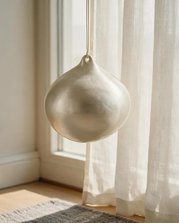 A softly rounded pendant light resembling a matte paper lantern hangs by a thin cord in front of sheer white curtains. The room features pale walls, a light wood floor, and a neutral rug, creating a calm Scandinavian-inspired corner with natural daylight.