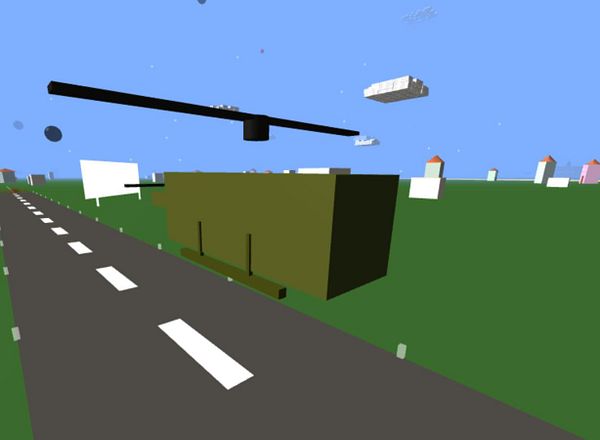 A blocky, stylized helicopter is depicted flying above a simple landscape with a road and houses.