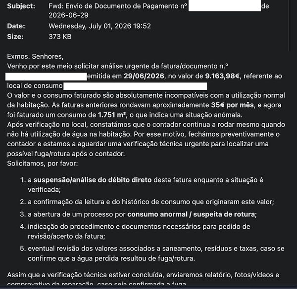 Screenshot of an email inbox showing a conversation about a water leak issue involving the municipal water company SMAS and a delayed response to an email.