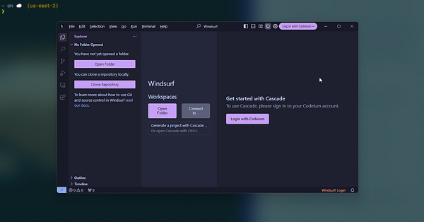 The image displays the user interface of the Windsurf IDE, highlighting its features and options for starting a new project.