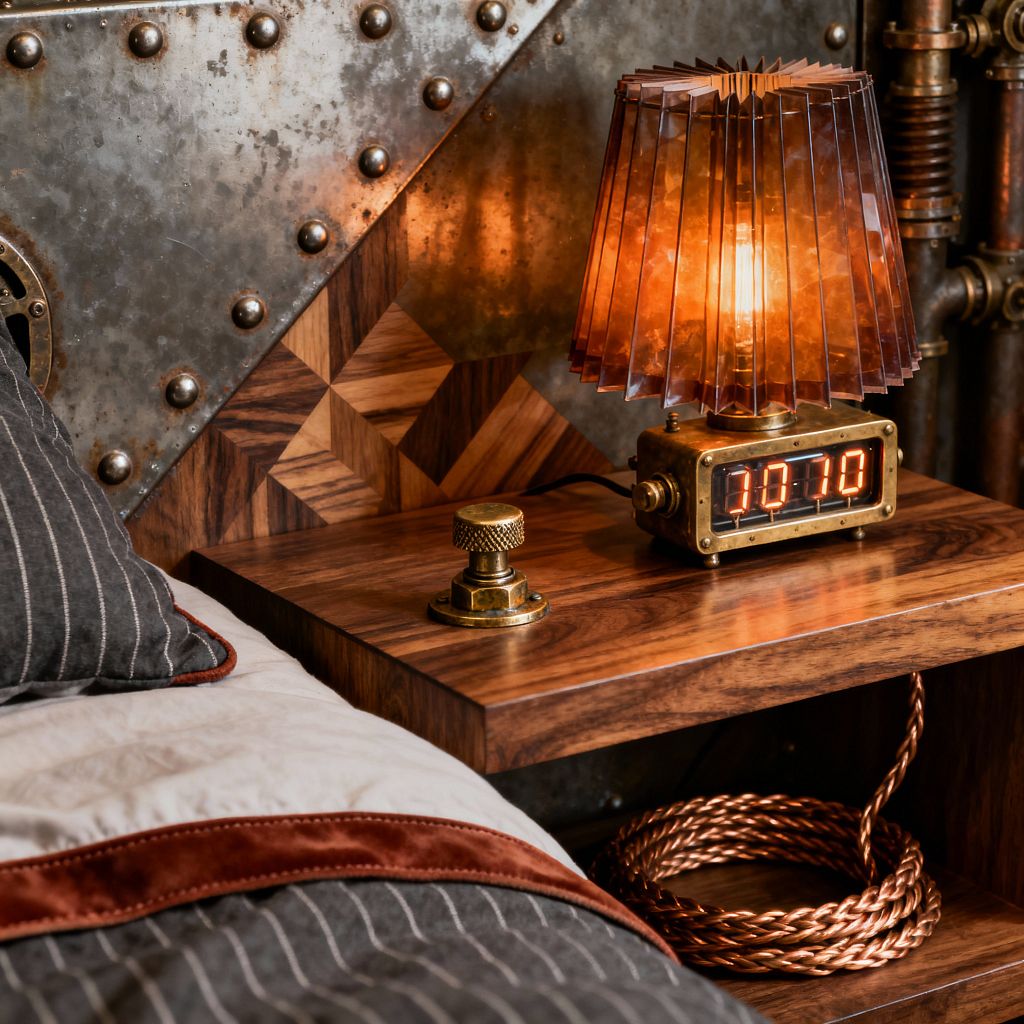 A close-up of a steampunk-inspired bedroom nightstand shows a floating walnut shelf against a headboard that combines riveted steel panels with geometric walnut marquetry, while a brass-bodied clock lamp with an amber pleated shade casts a warm orange glow. A knurled brass control knob sits beside it, a thick braided copper cable coils on the lower shelf, charcoal pinstriped bedding with rust satin edging is visible at the left, and exposed copper pipes run along the wall.