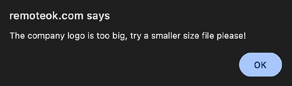 A notification from remoteok.com indicating a file size issue.