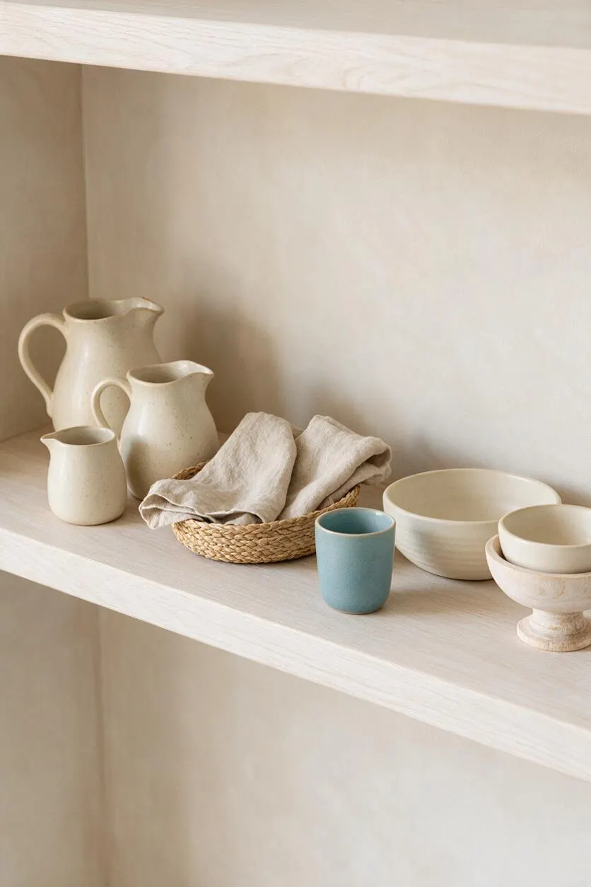 A minimalist built-in shelf styled with coastal-inspired pottery and baskets. Cream ceramic pitchers, bowls, and a small blue cup sit beside a woven basket lined with linen, all arranged against soft beige walls and a pale wood shelf.