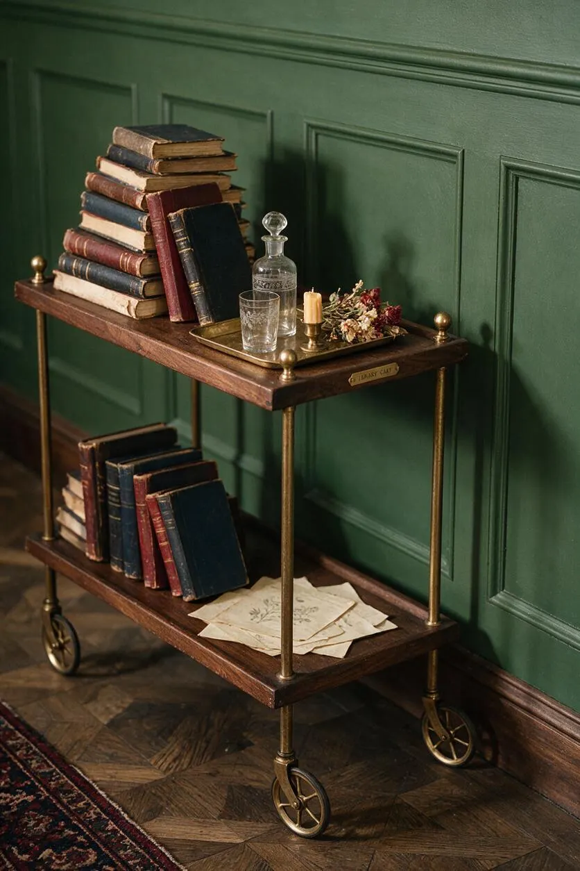 A two-tier wooden bar cart with brass rods and small brass wheels stands against a deep green paneled wall. It is styled with stacks of old hardcover books, a glass decanter and tumbler, a brass candle holder, dried flowers, and a tray of letters, creating a moody Dark Academia vignette.