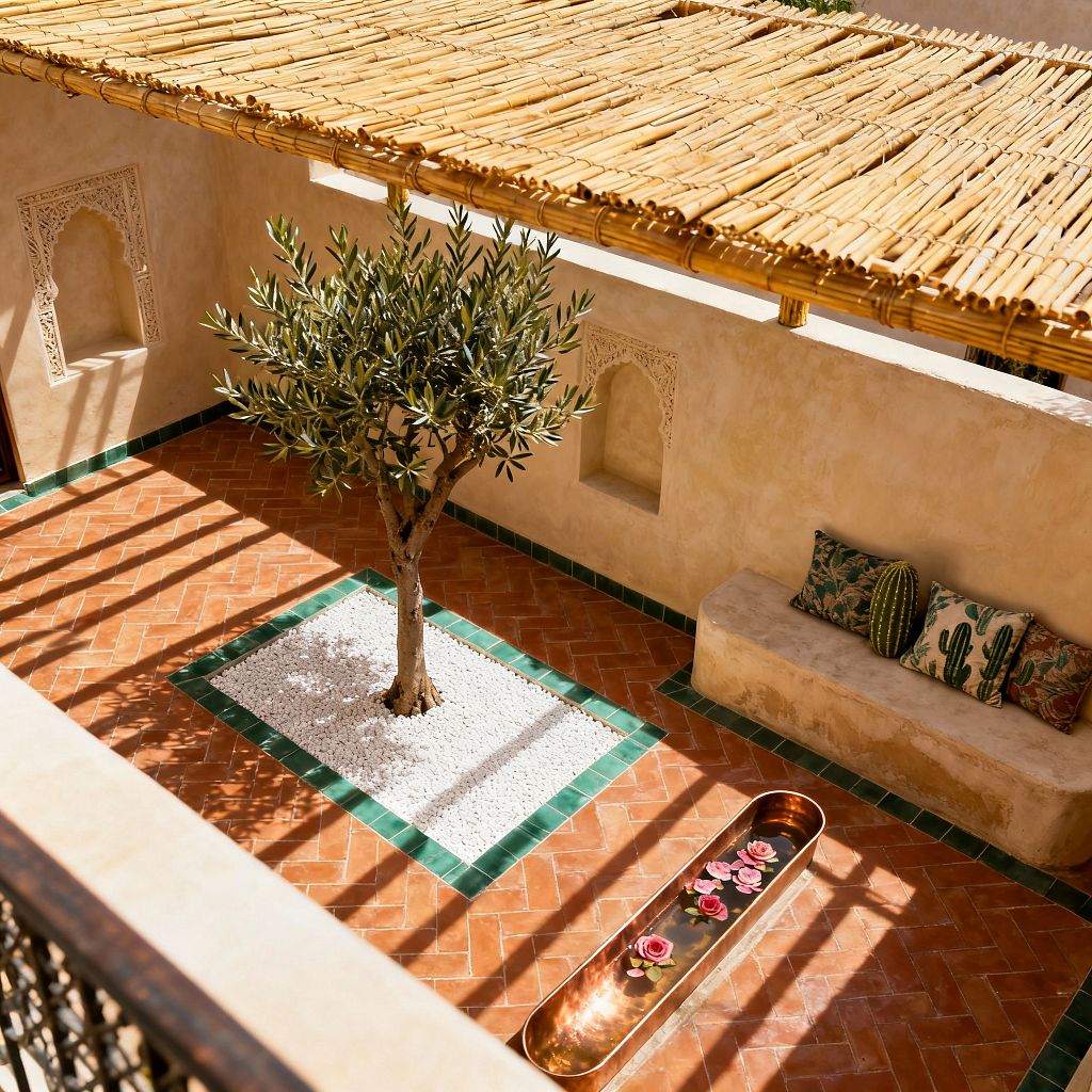An overhead view of a Moroccan courtyard shows terracotta herringbone tiles bordered with emerald zellige and a central olive tree planted in a square bed of white pebbles. Sand-colored tadelakt walls with carved arched niches face a built-in bench layered with cactus-patterned cushions, while a bamboo pergola casts striped shadows across a long copper basin holding floating pink flowers.