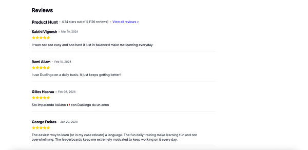 A collection of user reviews for a language learning tool on Product Hunt.
