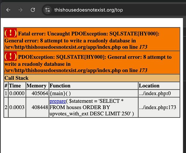 The image displays a fatal error message from a web application related to a database issue.