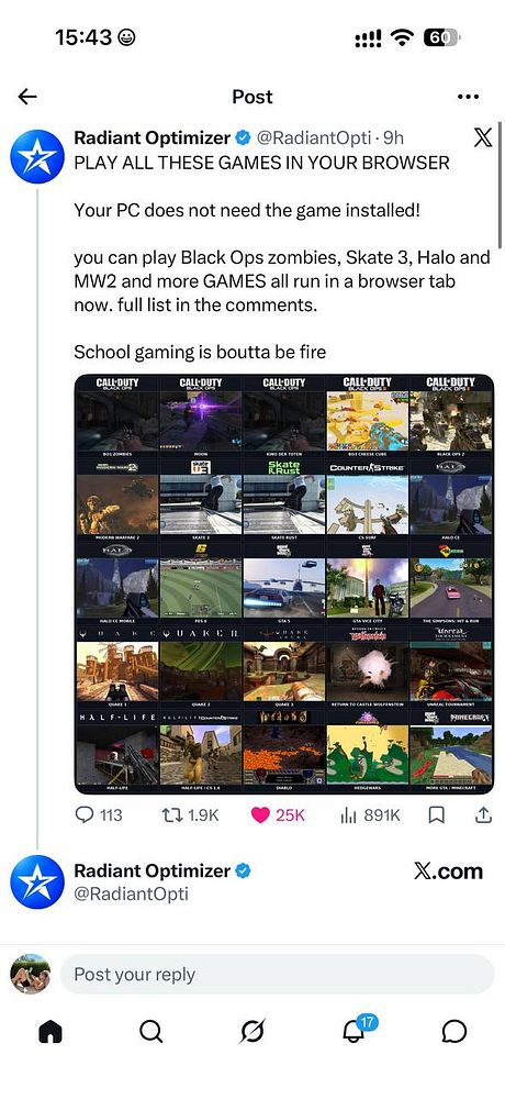 A Twitter post by Radiant Optimizer advertising the ability to play many popular games directly in a browser without installation, accompanied by a collage of screenshots from those games.