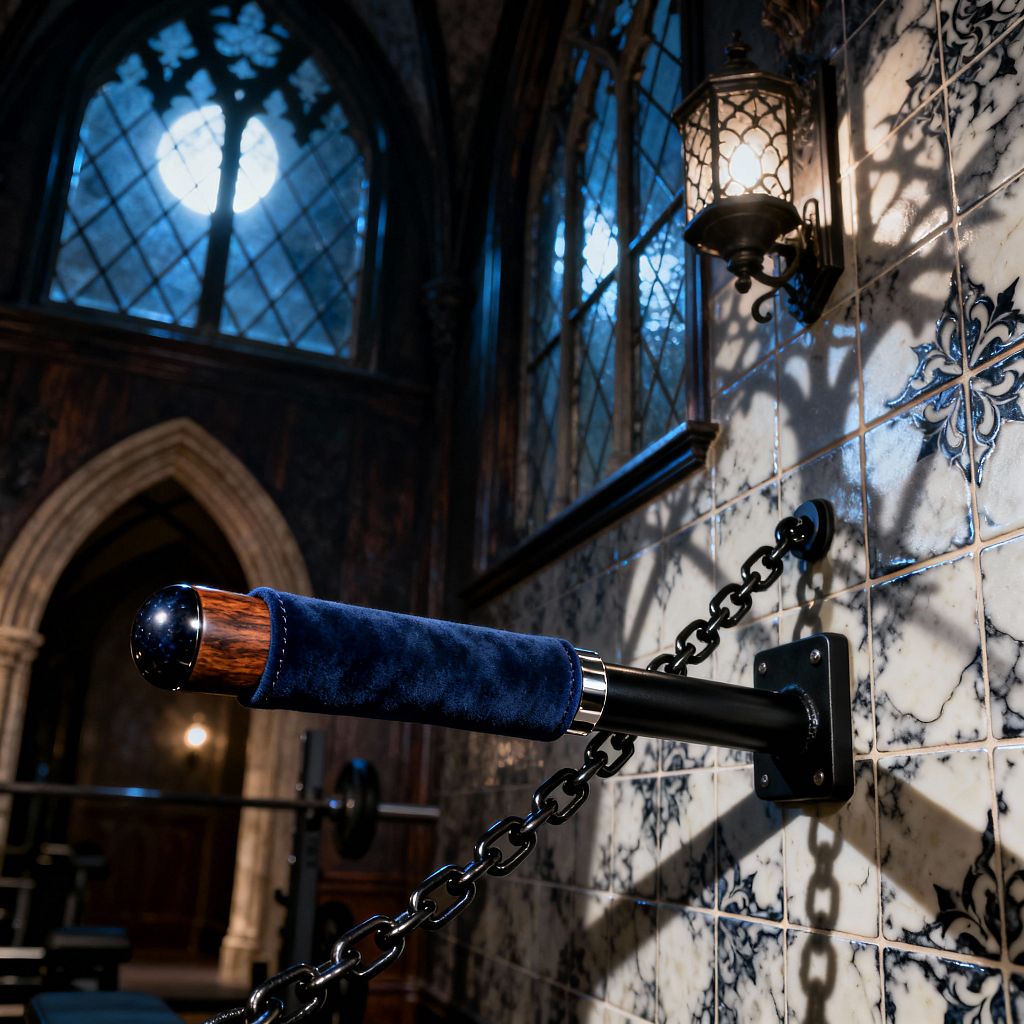Interior view of a Gothic-style home gym showing a close-up of a black steel wall bar wrapped in navy velvet and capped with polished wood. The bar anchors to the wall with a black chain over ivory tiles patterned in dark blue-black motifs, while a wrought-iron lantern casts warm light and shadows; in the background are pointed arch doorways, dark wood paneling, leaded tracery windows with cool moonlight, and a weight bench with a barbell.