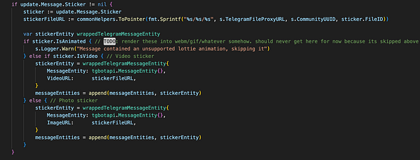 The image displays a code snippet related to Telegram sticker handling in a programming context.