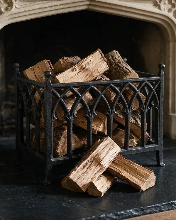A decorative black metal log basket filled with split firewood sits in front of a fireplace. The basket features pointed Gothic-style arches and a dark wrought iron finish, with a few logs spilled onto the black hearth.