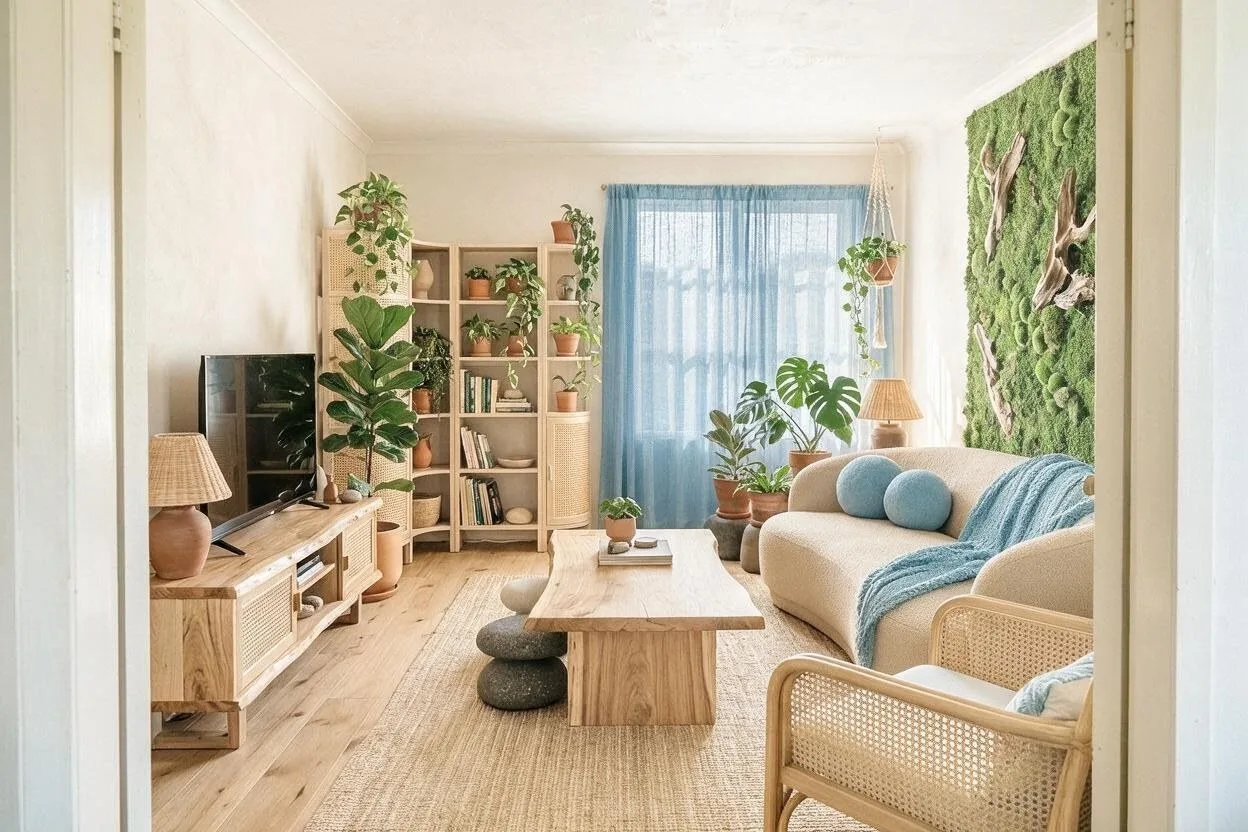 The same Biophilic living room in the Sand and Sky palette: warm white, sand, pale oak, sky blue, and leaf green
