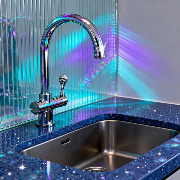 Close-up of a modern kitchen sink with a high-arc chrome faucet and a rectangular undermount stainless-steel basin set in a deep cobalt countertop patterned with star-like speckles. A vertical ribbed glass backsplash catches light that casts teal and purple gradients across the surface, while the polished metal reflects the color for a luminous, futuristic effect.