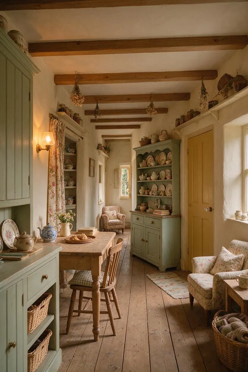 A narrow cottagecore mudroom with exposed wooden ceiling beams, aged plank floors, and creamy plaster walls. Soft sage cabinets, floral fabric accents, woven baskets, antique-style pottery, and a warm mustard-yellow door create a cozy, collected look.