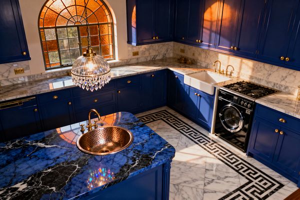 A Vintage Glam laundry room with deep cobalt shaker cabinets and polished brass pulls, finished with white marble counters, slab backsplash, and marble floors bordered by a black Greek key pattern. A front-load washer sits under the counter beside a white apron-front sink with a brass bridge faucet. The island features a blue-black stone top with a round hammered copper sink beneath a glass dome pendant trimmed with crystals. Sunlight pours through an arched amber stained-glass window.