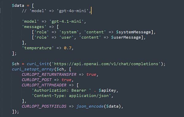 The image displays a code snippet for updating a job board description script using the GPT-4.1 model.