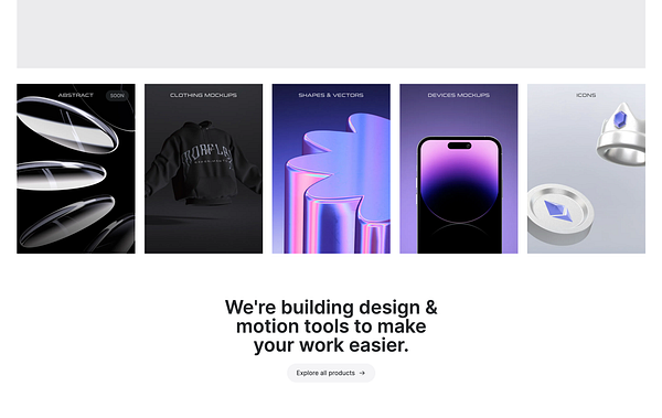 The image features a modern landing page design showcasing various design and motion tools.