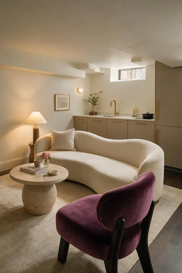 A modern basement lounge with a sculptural cream curved sofa, a deep plum velvet accent chair, and a round stone coffee table on a light neutral rug. Along the back wall, a compact taupe kitchenette with brass hardware and a warm brass faucet is softly lit by a table lamp and wall sconce, creating a cozy, refined atmosphere.