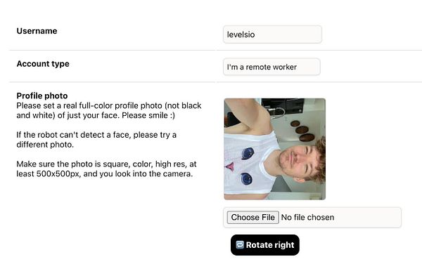 The image displays a user interface for uploading a profile photo with specific instructions and a preview of the photo.