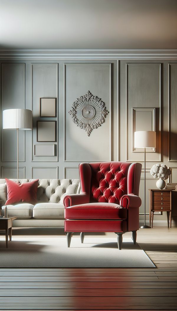 A sophisticated living room with a bold crimson armchair serving as an accent piece, contrasting beautifully against neutral-colored walls and furniture.