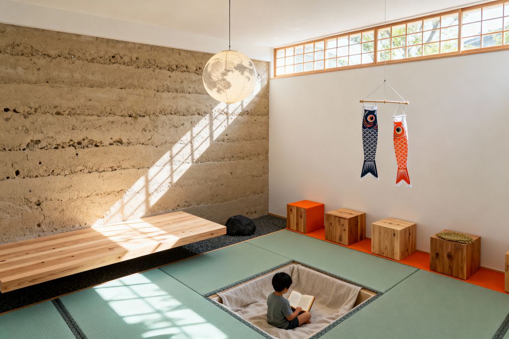 A minimalist kids’ room in Japanese Zen style features pale green tatami mats around a square, sunken reading pit lined with fabric where a child reads. A rammed-earth wall and floating cedar bench border a gravel edge, while a long wood-framed clerestory window casts lattice shadows; a round washi paper lantern hangs above, two koinobori streamers decorate a white wall, and cube cedar stools sit on an orange platform.