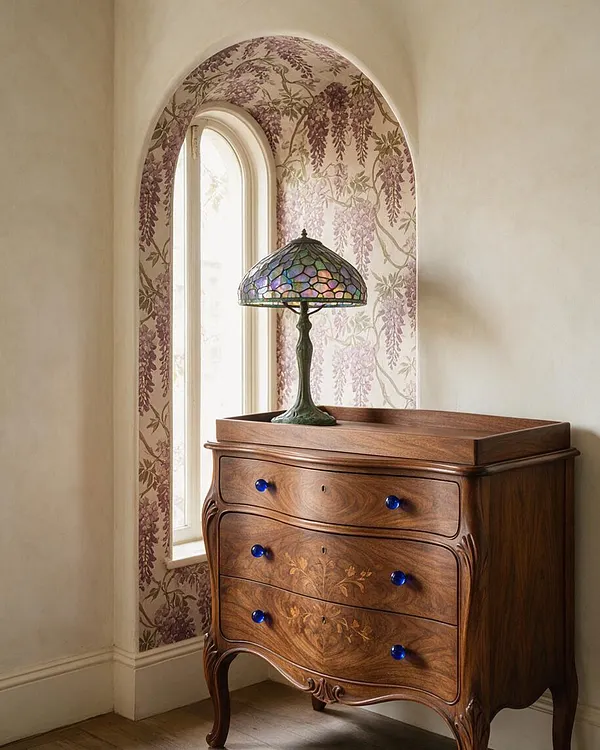 A refined nursery corner with an arched alcove lined in purple floral wallpaper, a tall narrow window, and a sculptural wooden dresser. A stained-glass table lamp with a green base sits on top, adding jewel-toned color and an elegant Art Nouveau feel.