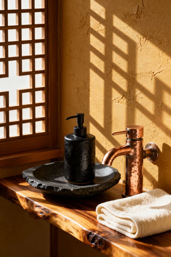 Close-up of a Japanese-inspired laundry sink vignette with sunlight streaming through a wooden shoji screen, casting grid shadows on a warm ochre, textured plaster wall. A live-edge wood countertop holds a hammered copper faucet, a rough black stone dish with a matte black soap dispenser, and a folded cream towel, emphasizing natural materials and a wabi-sabi, minimalist aesthetic.