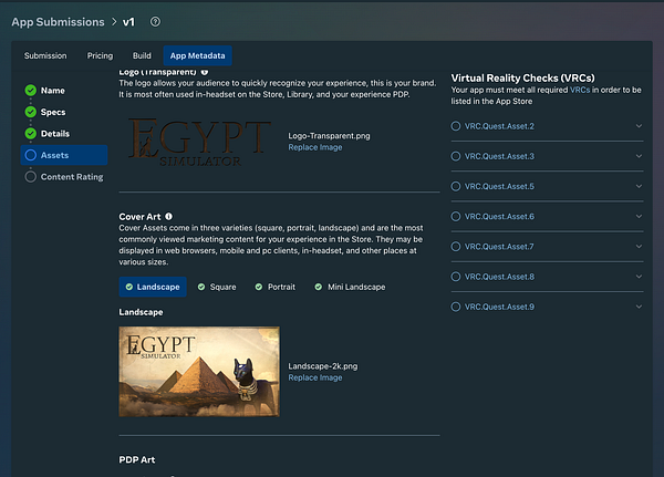 The image displays a user interface for app submission, focusing on asset management for a virtual reality application titled 'Egypt Simulator'.